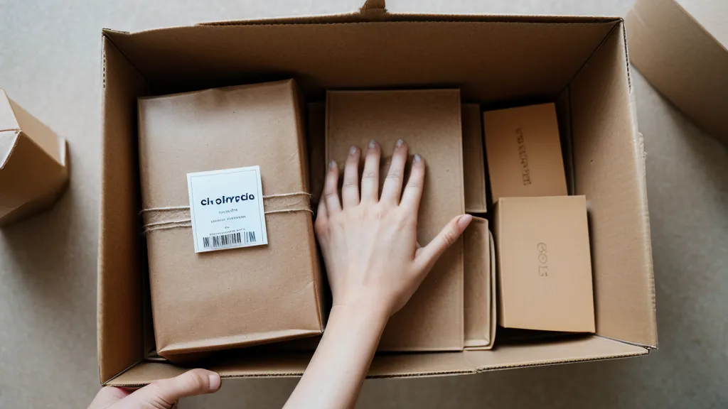 Manos pegando una etiqueta térmica de envío en una caja de cartón