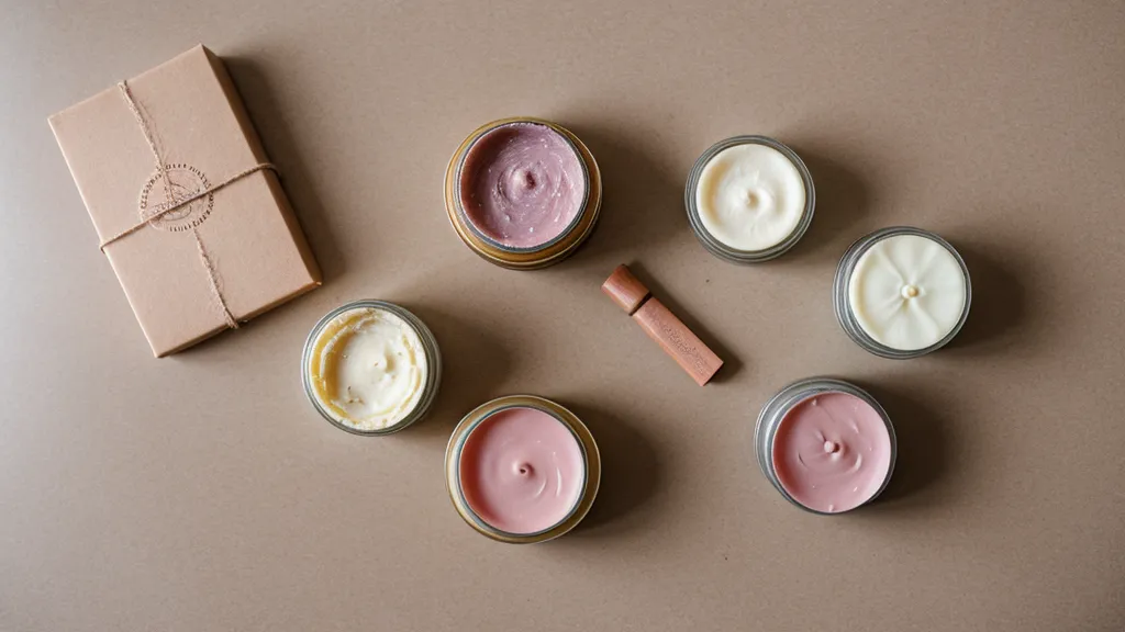 Bálsamos artesanales etiquetados listos para vender en feria, parte de un emprendimiento de cosmética casera
