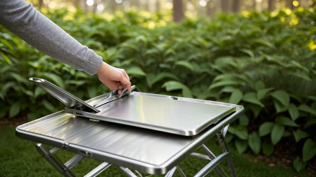 Persona cargando sola una mesa plegable de aluminio ligera como una maleta, el equipo clave para ferias de emprendedores