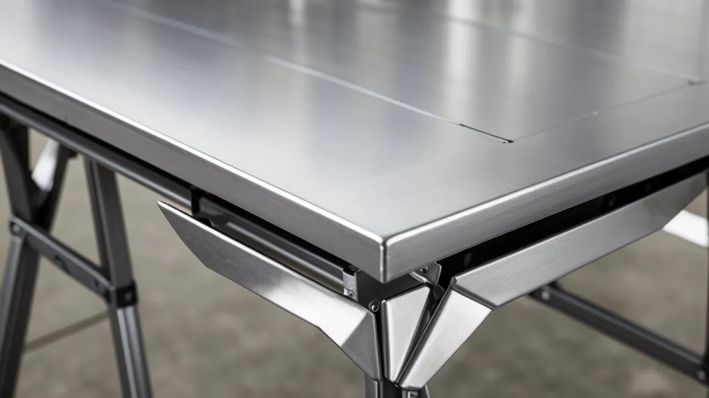 Detalle de las patas reforzadas de una mesa de aluminio para ferias de emprendedoras de cosmética artesanal