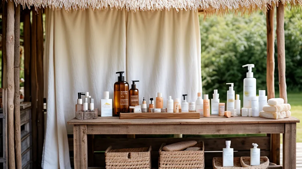 Stand de skincare artesanal organizado sobre una mesa de 1.22 metros, el tamaño estándar en ferias de emprendedores